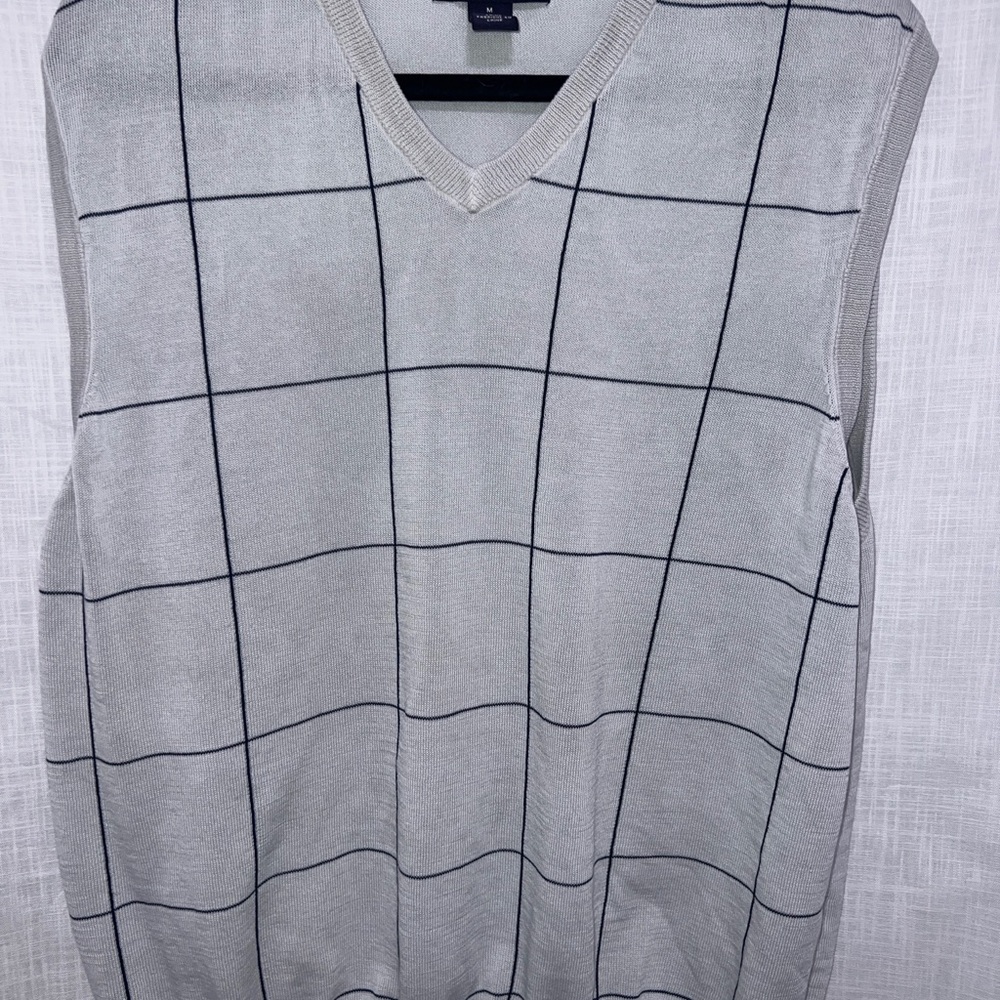 Oxford Light Gray V-Neck Sweater Vest with Black Grid